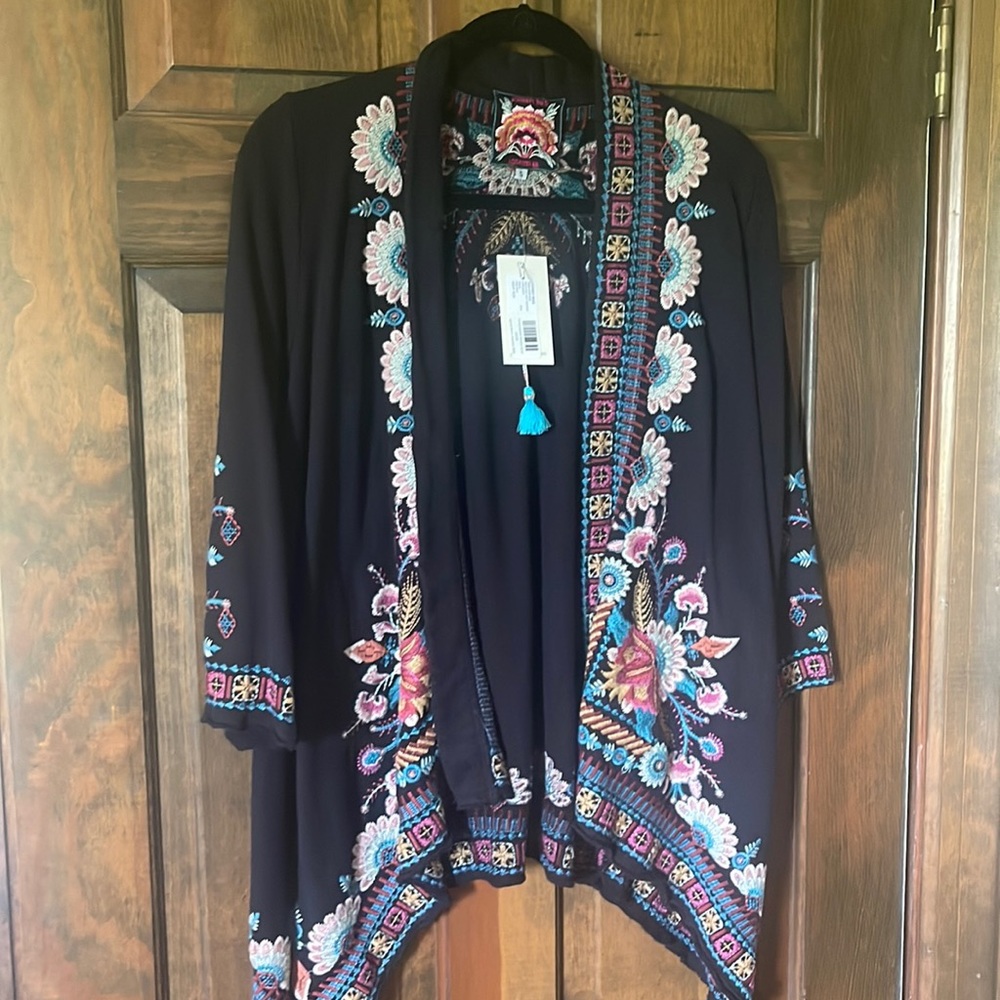 Johnny Was black embroidered cardigan 3/4 sleeve lightweight